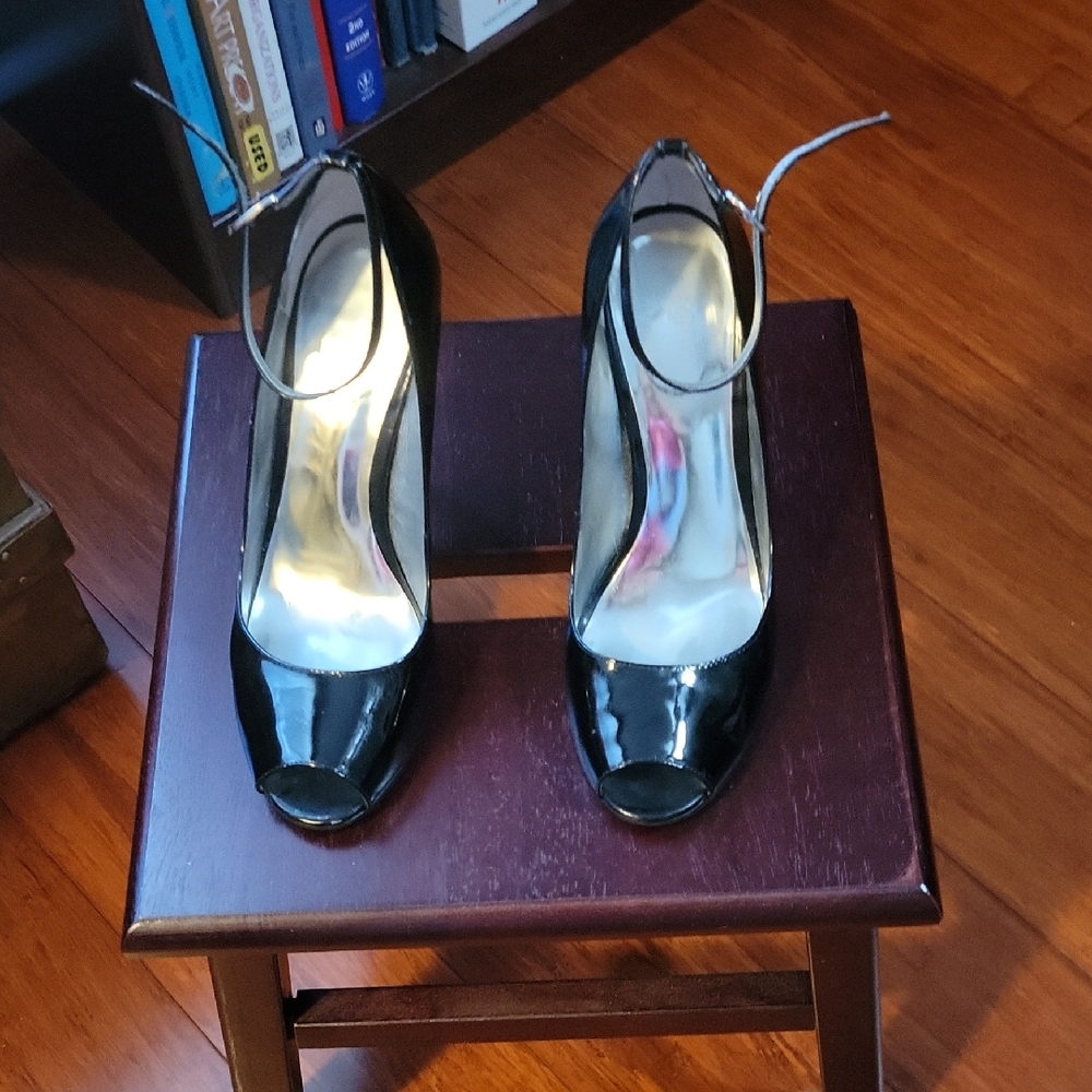 Elegant Patent Leather Black Peep-Toe Heels